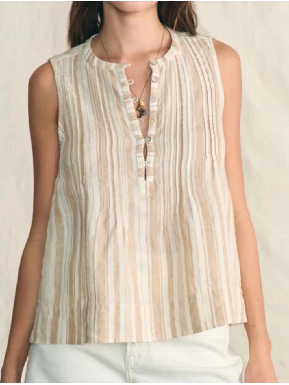 Faherty Isha Natural Bombay Stripe 100%  Linen Sleeveless Top Size Large